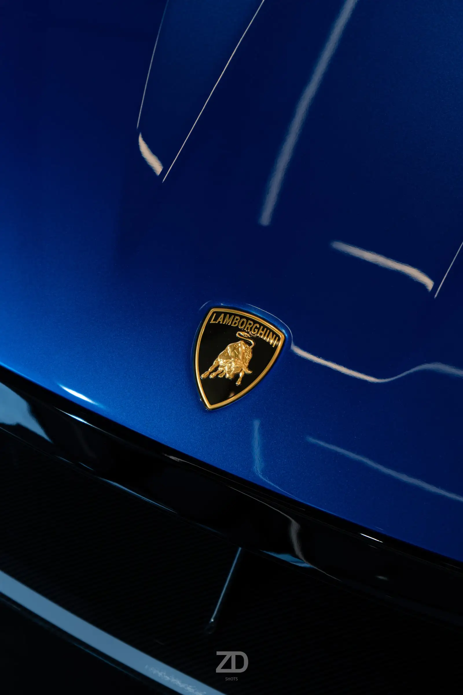 Blaue Motorhaube mit goldenem Emblem