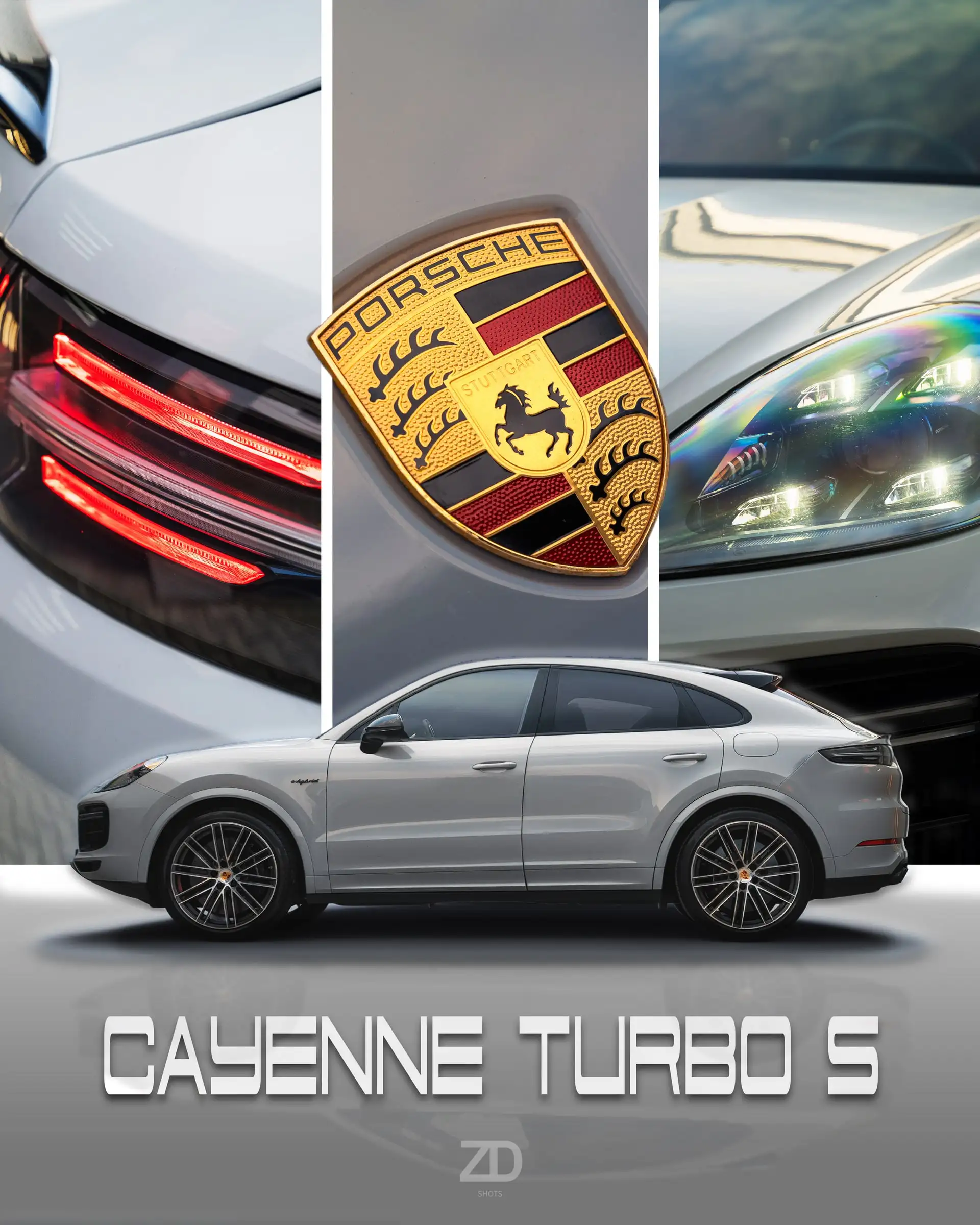 Gestaltetes Poster eines SUV-Coupés mit Emblem und Detailbildern