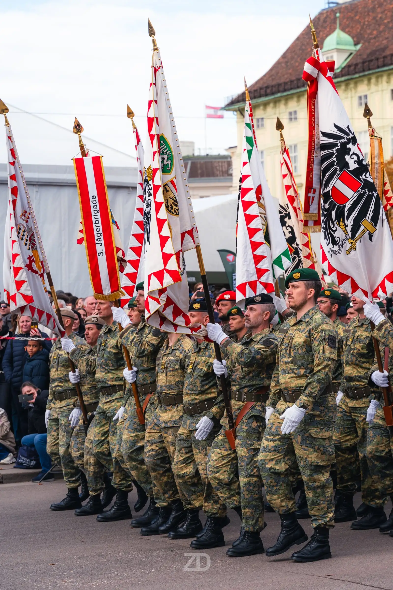 Marschierende Formation mit Fahnen