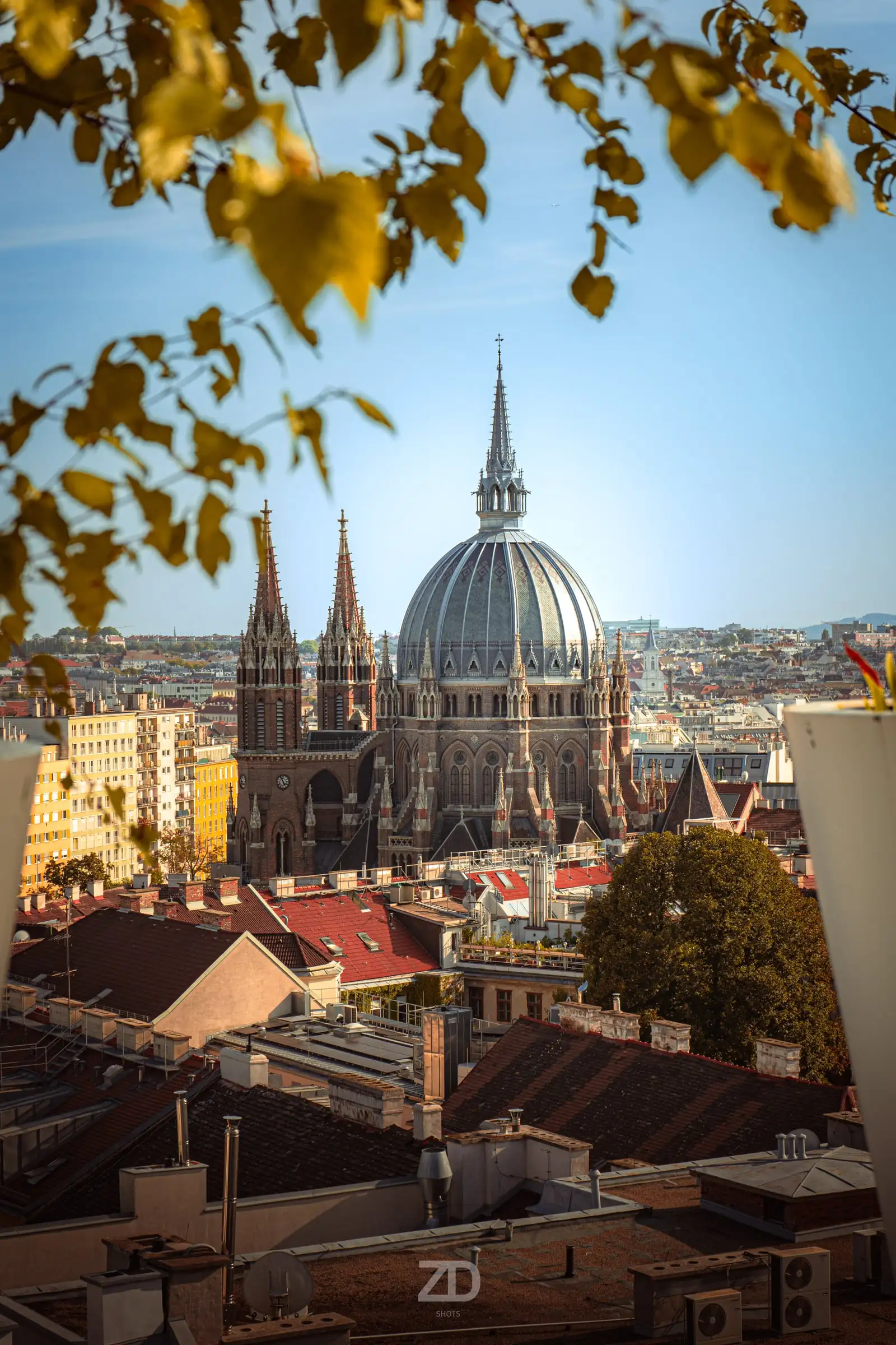 Blick über Dächer auf eine Kirche mit Kuppel, gerahmt von Herbstlaub